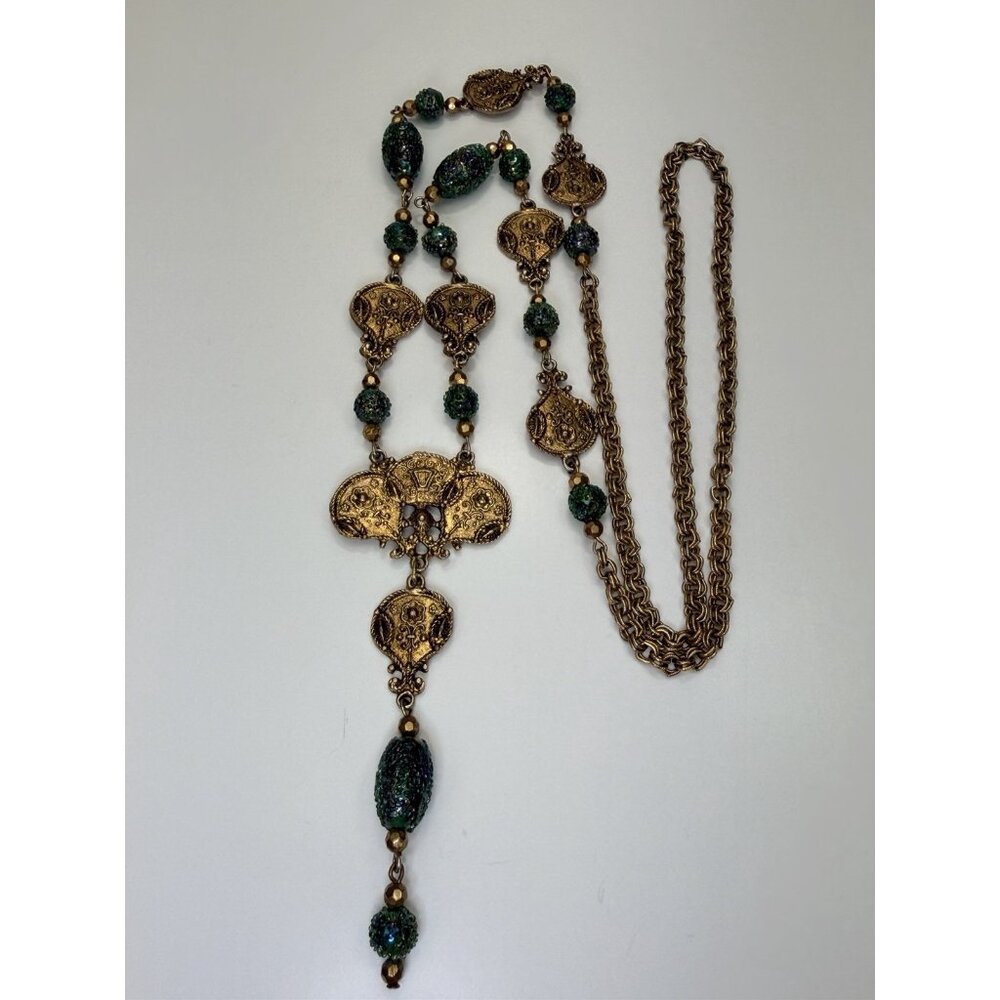 Tortolani Crisla Bold Long Statement Pendant Necklace 40” Green Beads Gold Tone